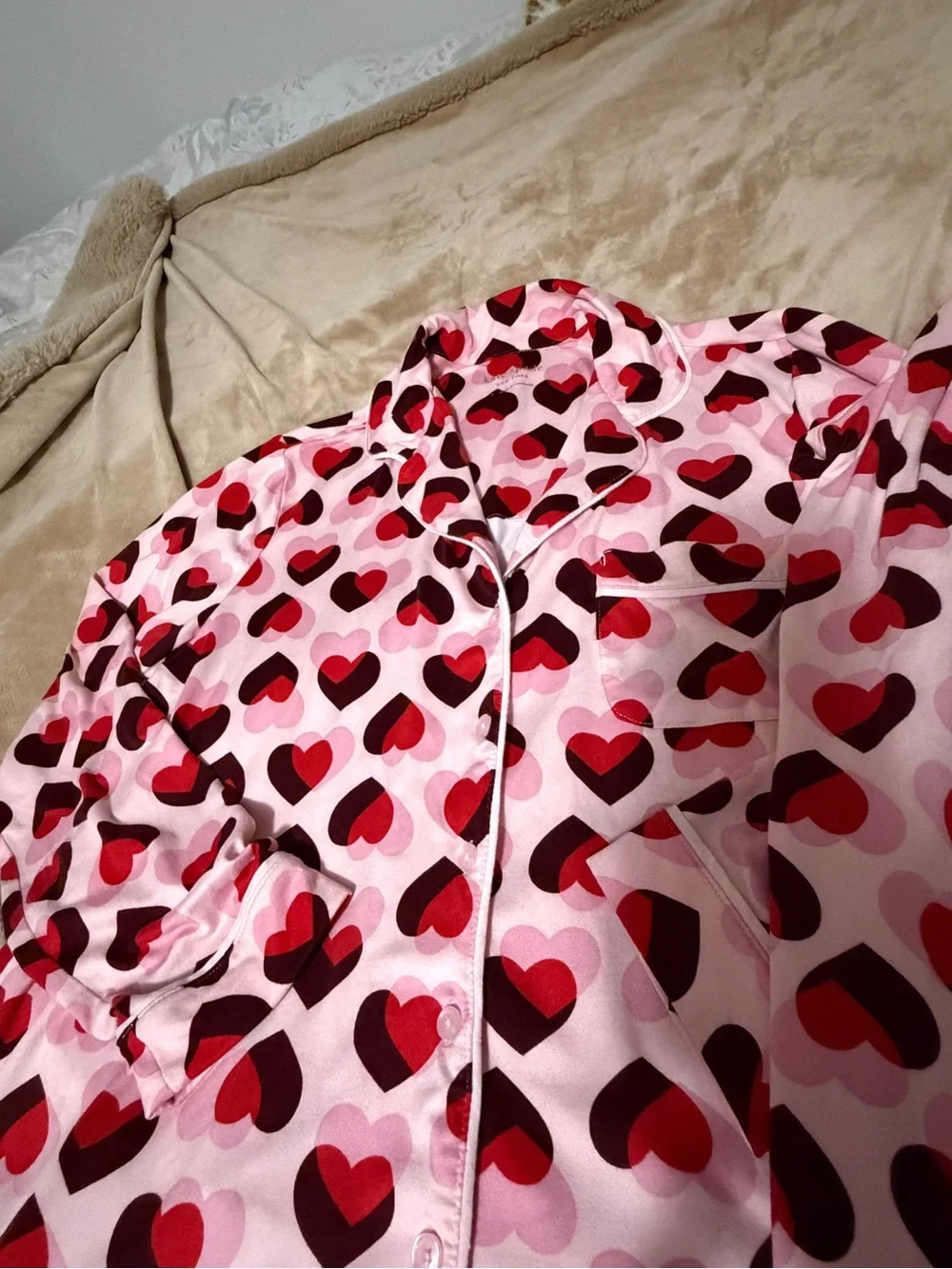 kate spade Long Sleeve Notch Collar Pink Heart-Print KnitPajama Set Small Women